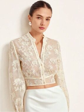 Aveloria Sheer Floral Embroidery Crop Button-Up Blouse Long Sleeve - Size M New